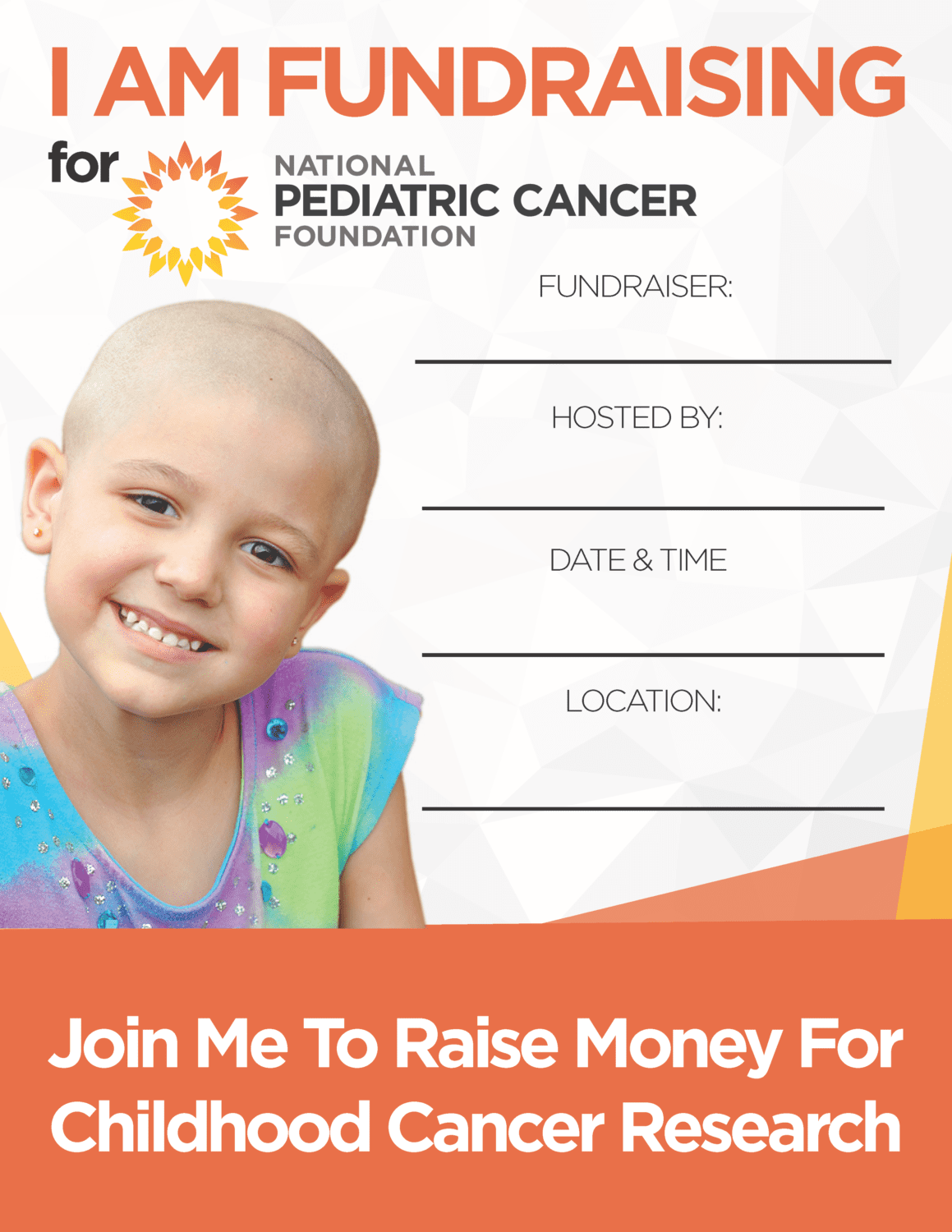 Fundraising poster for the National Pediatric Cancer Foundation with event details to be filled in.