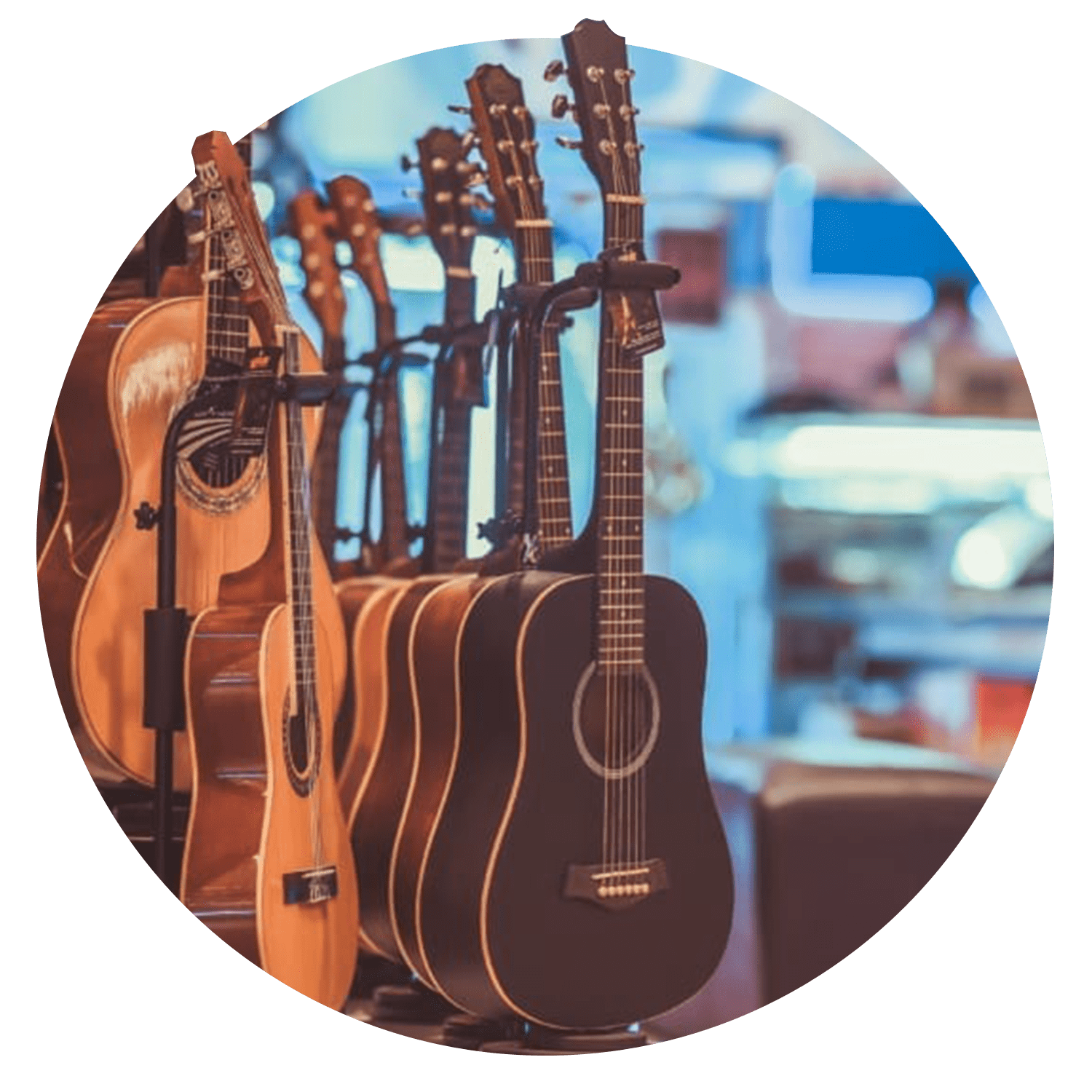 Guitars in a music store hosting a point of sale to raise funds for pediatric cancer research