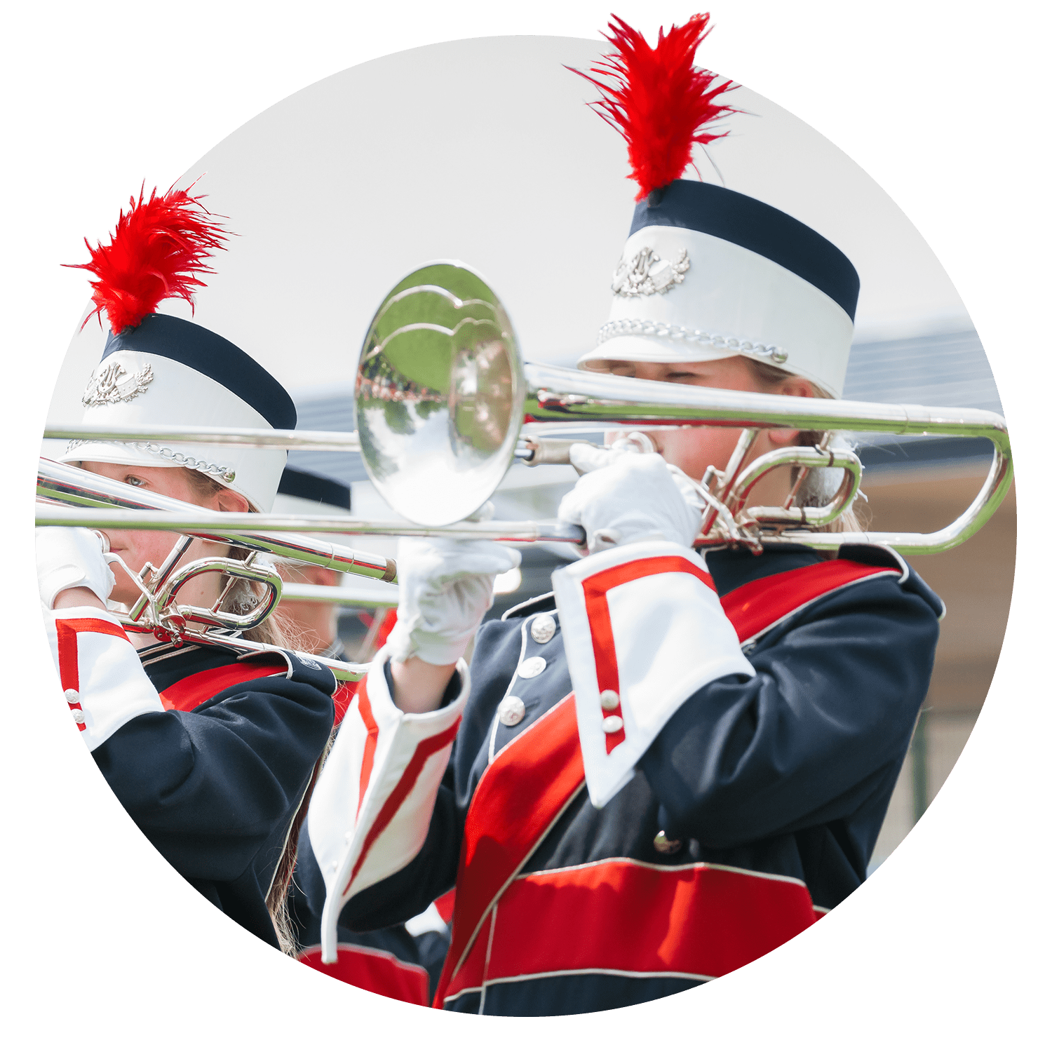 College marching band playing trombone at competition to raise awareness and funds for childhood cancer research.