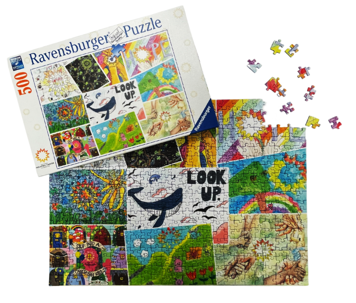 A Ravensburger puzzle featuring colorful drawings with positive messages like "LOOK UP."