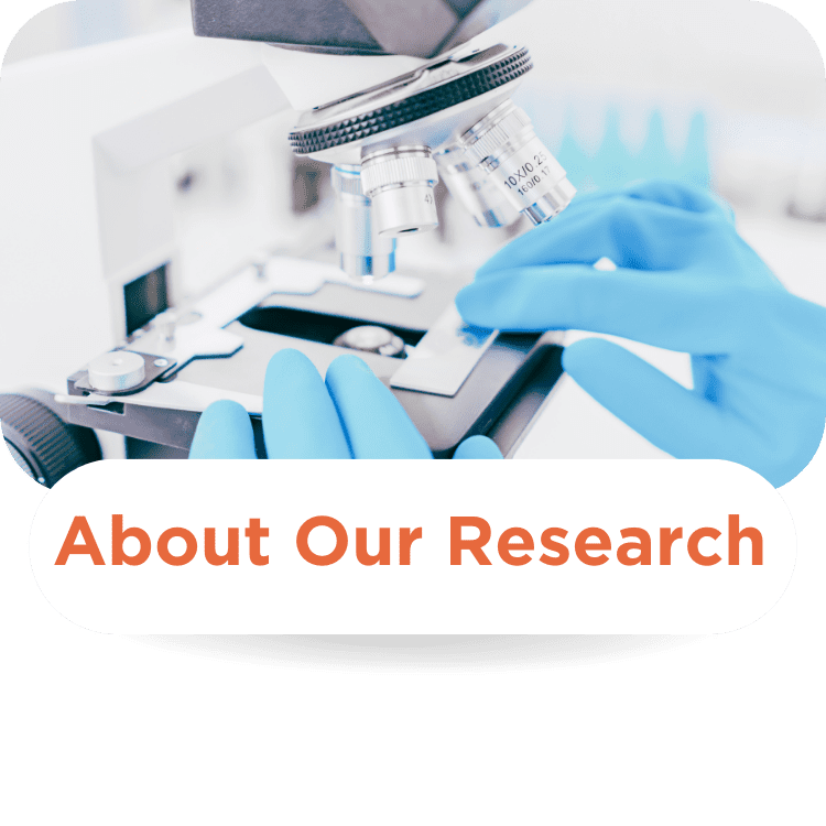 A person wearing gloves is adjusting a microscope, with the text "About Our Research."