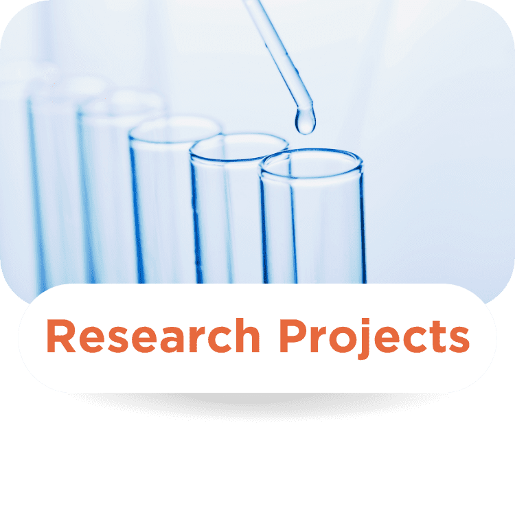 Test tubes with a droplet and "Research Projects" text; relates to scientific studies.
